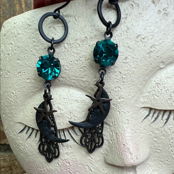 vintage style Black Moon & rhinestone drop Earrings - Picture 1 of 6